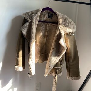 Zara Aviator Faux Shearling Lined Jacket w/ Strap Detail